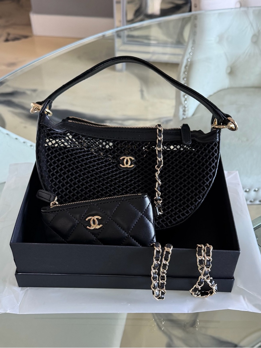 Chanel Black and Gold Mesh Half Moon Shoulder Bag NWT VIP GIFT WITH PURCHASE GWP